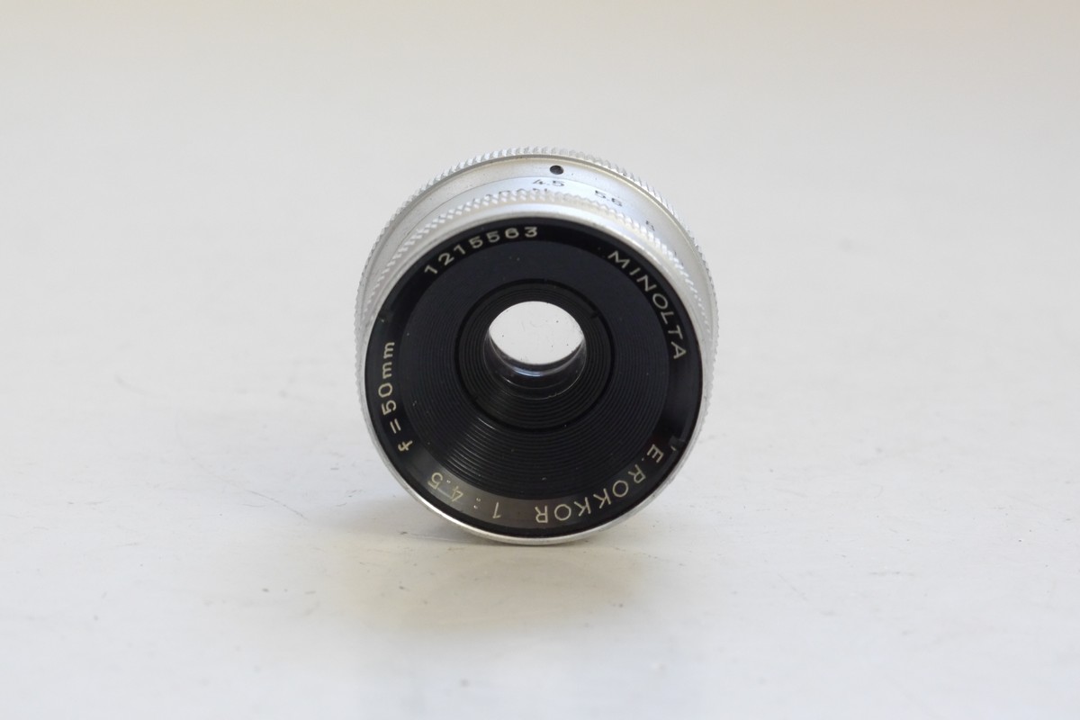 Minolta 50mm f4 Minolta 50mm f4.5 E Rokkor coated chrome enlarging lens, L39 screw mount