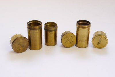 Set of 3 x Brass Microscope lens keeper cases (engraved "Dumarge Paris 0", "Carl Zeiss Jena 70.0mm" & one plain unmarked