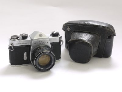 Pentax Spotmatic SP 35mm SLR, chrome + 55mm f1.8 Super Takumar M42 screw moiunt lens & makers ER case