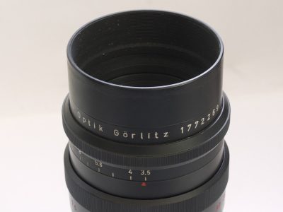 Meyer 180mm f3.5 Primotar manual focus lens with tripod mount, in manual Exakta mount + rear cap & leather case