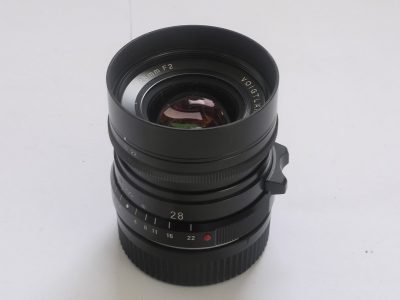 Voigtlander 28mm f2 Ultron VM (Leica M) mount lens, black, with removable lens hood, caps & box