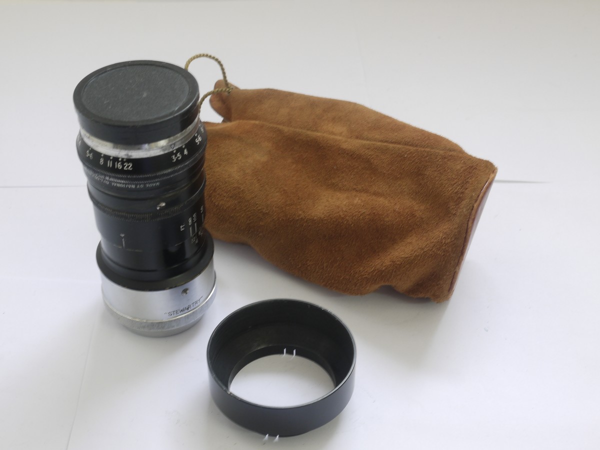 National Opt. Co 105mm f3 National Opt. Co 105mm f3.5 Trinol Stewartry lens in Leica L39 rangefinder coupled screw mount + push-on metal lens hood, caps & Suede pouch case