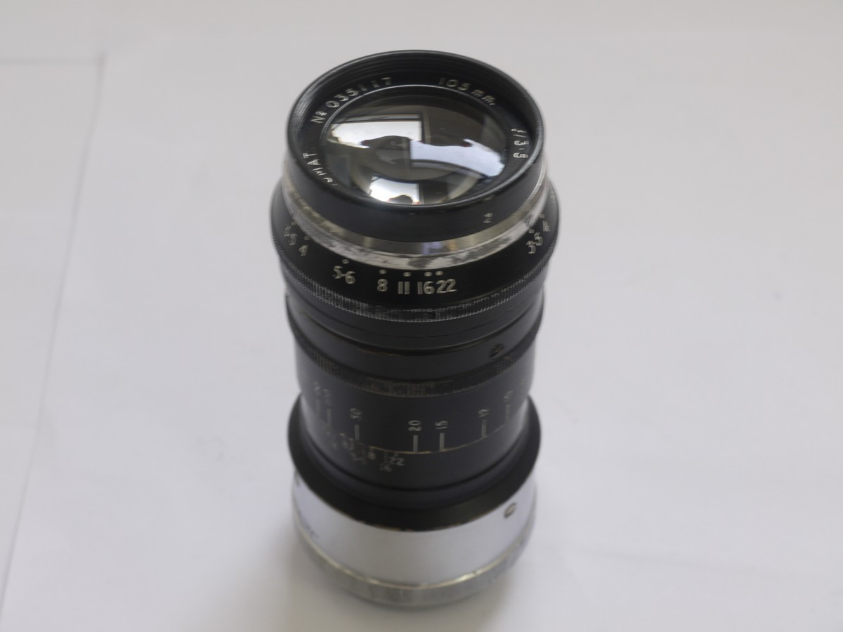 National Opt. Co 105mm f3 National Opt. Co 105mm f3.5 Trinol Stewartry lens in Leica L39 rangefinder coupled screw mount + push-on metal lens hood, caps & Suede pouch case