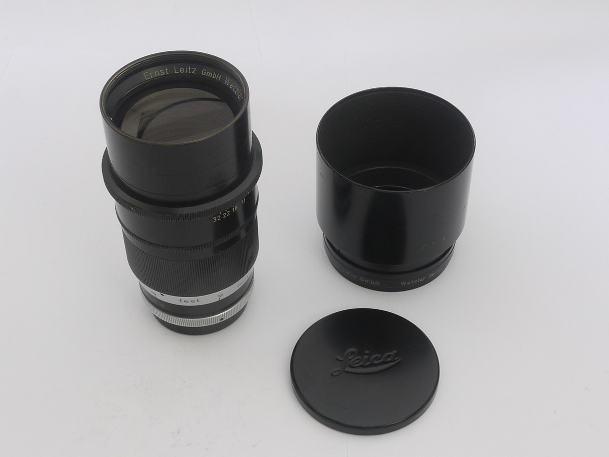 mwclassiccameras-20210409-171 Leitz 20cm f4.5 Telyt coated Visoflex lens (No.1445480), with makers lens hood & caps