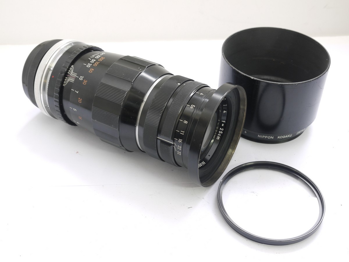 mwclassiccameras-20210416-252 Nikon Nippon Kogaku 25cm f4 Nikkor-Q lens for Nikon S Rangefinder System (RARE) + makers step-up ring, BDB 86mm UV Haze filter, Nippon Kogaku original lens hood & mount Adapter for using directly on the Pentacon Six Medium format camera