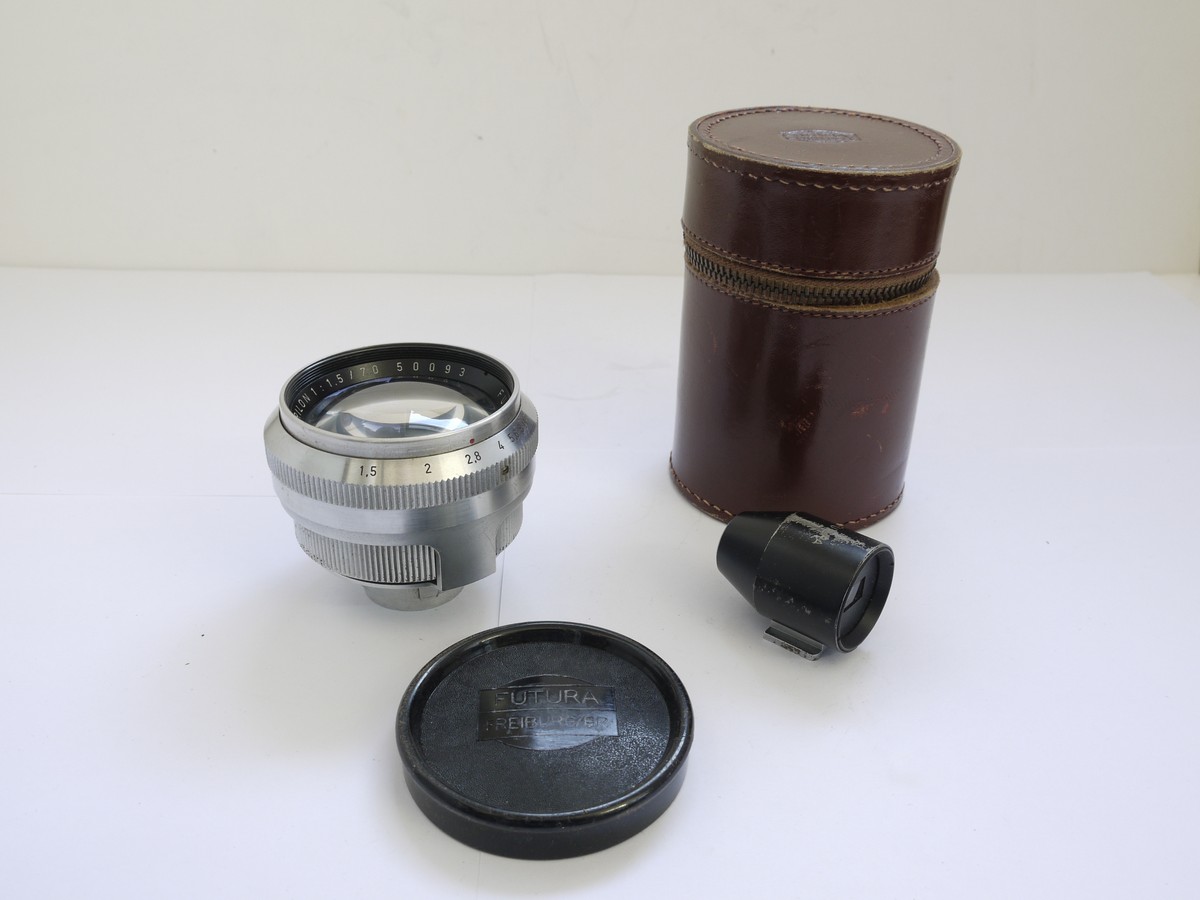 mwclassiccameras-20210423-80 Futura 70mm f1.5 Frilon Fast screw mount Futura lens + Futura 70mm Optical shoe finder, front cap & lens case. VERY RARE