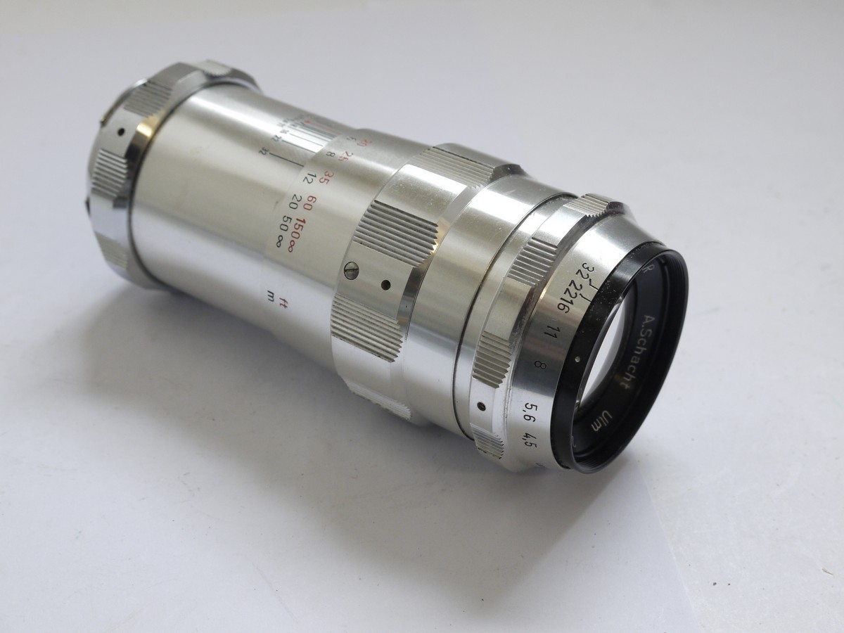 mwclassiccameras-20210513-179 Schacht 135mm f4.5 Travenar R coated all chrome manual Exakta mount lens + screw-in clear filtert & makers box