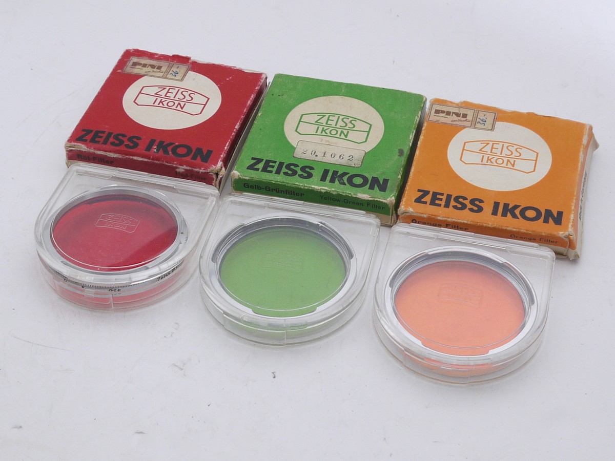 mwclassiccameras-20210528-100 Contarex set of 3 x B56 filters (Orange, Yellow-Green & Red), in makers keeper case & boxes
