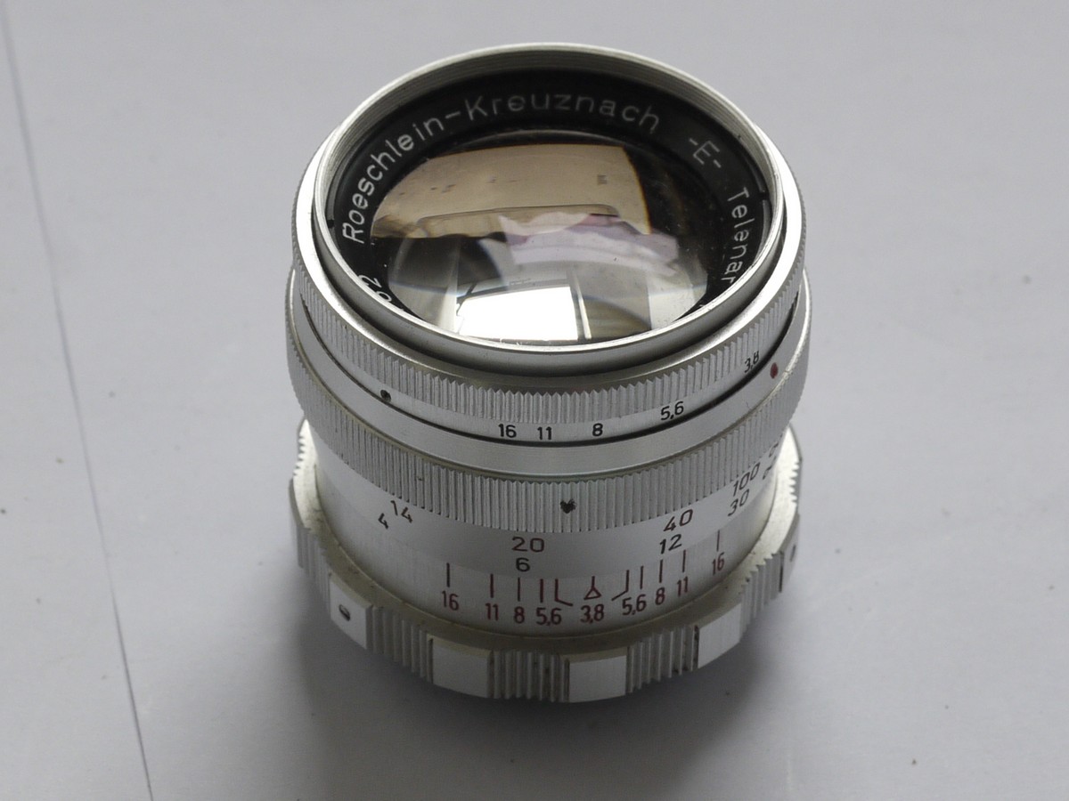 mwclassiccameras-20210611-145 Roeschlein Kreuznach 90mm f3.8 E Telenar manual focus lens in Braun Paxette L39 RF coupled screw mount