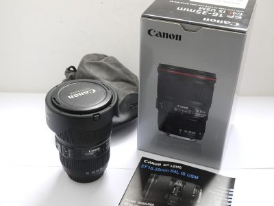 Canon EF 16-35mm f4 L IS USM lens + Canon EW-82 bayonet lens hood, caps, EW-82 pouch case, instructions & makers matching numbered box with packaging