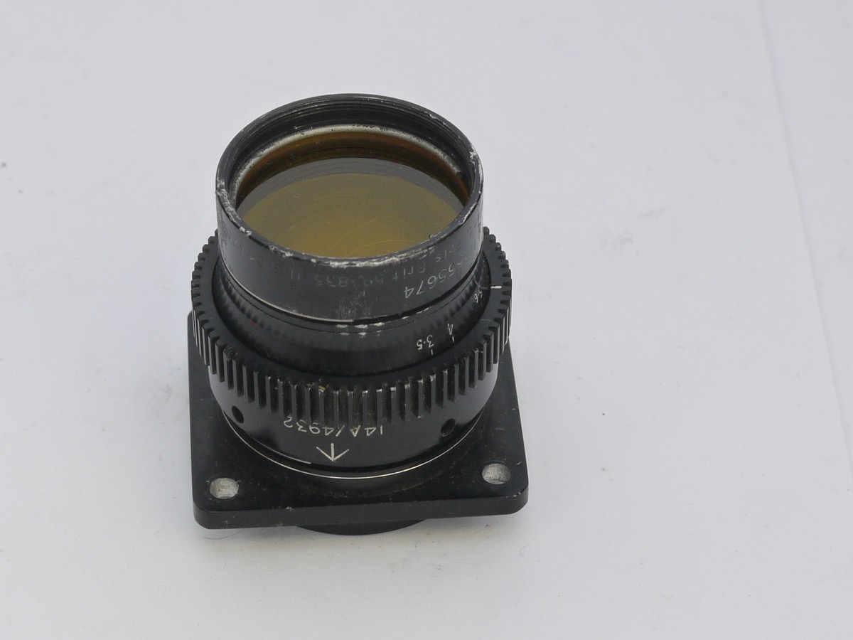 mwclassiccameras-20210702-267 Taylor Hobson 3 inch f3.5 lens with Iris Diaphragm engraved with British Military markings (14A/4932), mounted on square metal flange with Yellow filter