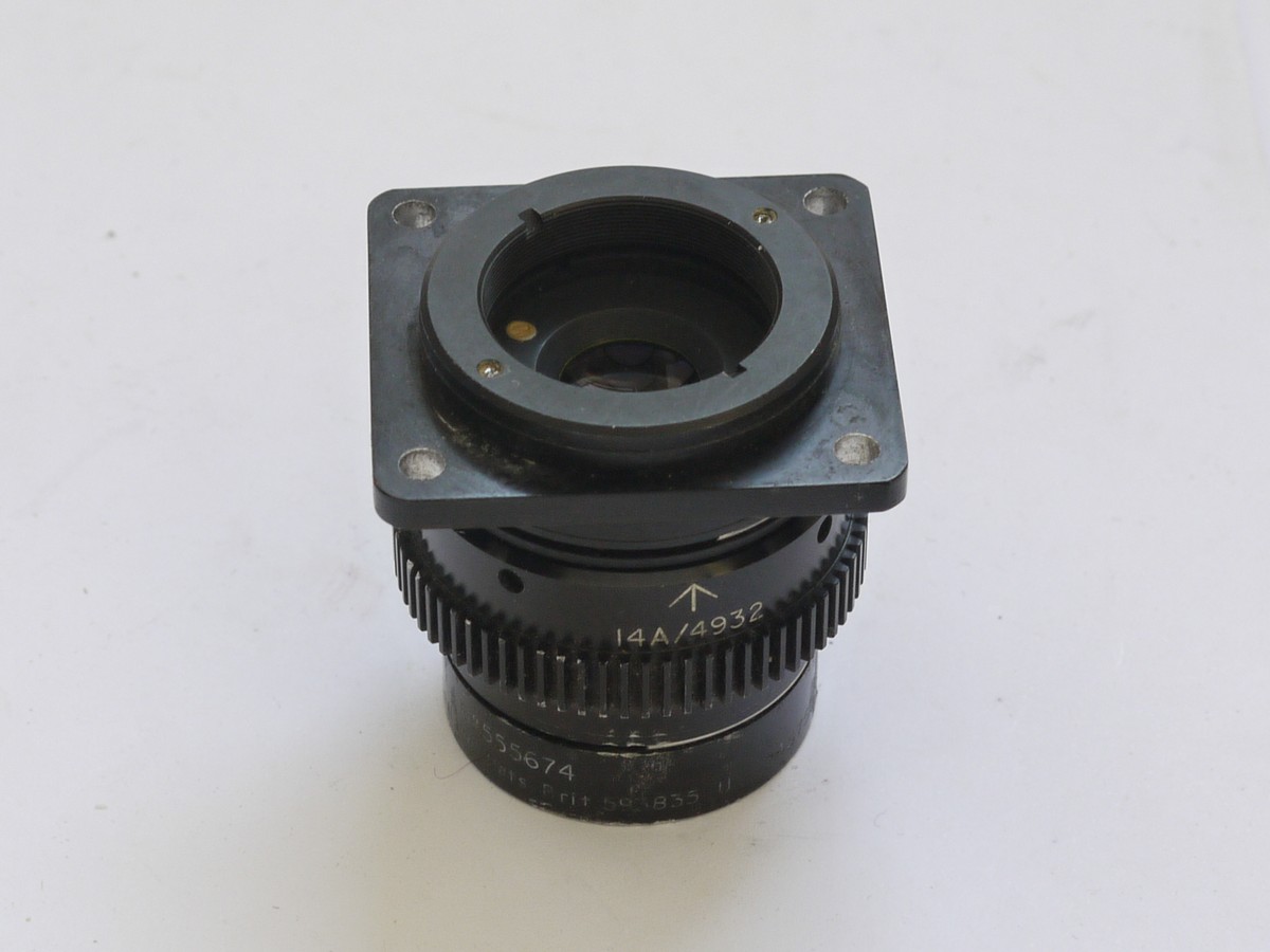 mwclassiccameras-20210702-268 Taylor Hobson 3 inch f3.5 lens with Iris Diaphragm engraved with British Military markings (14A/4932), mounted on square metal flange with Yellow filter
