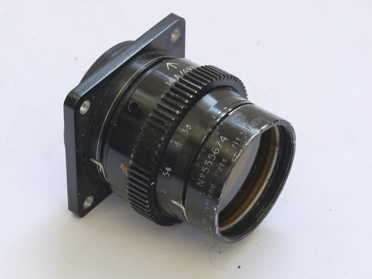 mwclassiccameras-20210702-269 Taylor Hobson 3 inch f3.5 lens with Iris Diaphragm engraved with British Military markings (14A/4932), mounted on square metal flange with Yellow filter