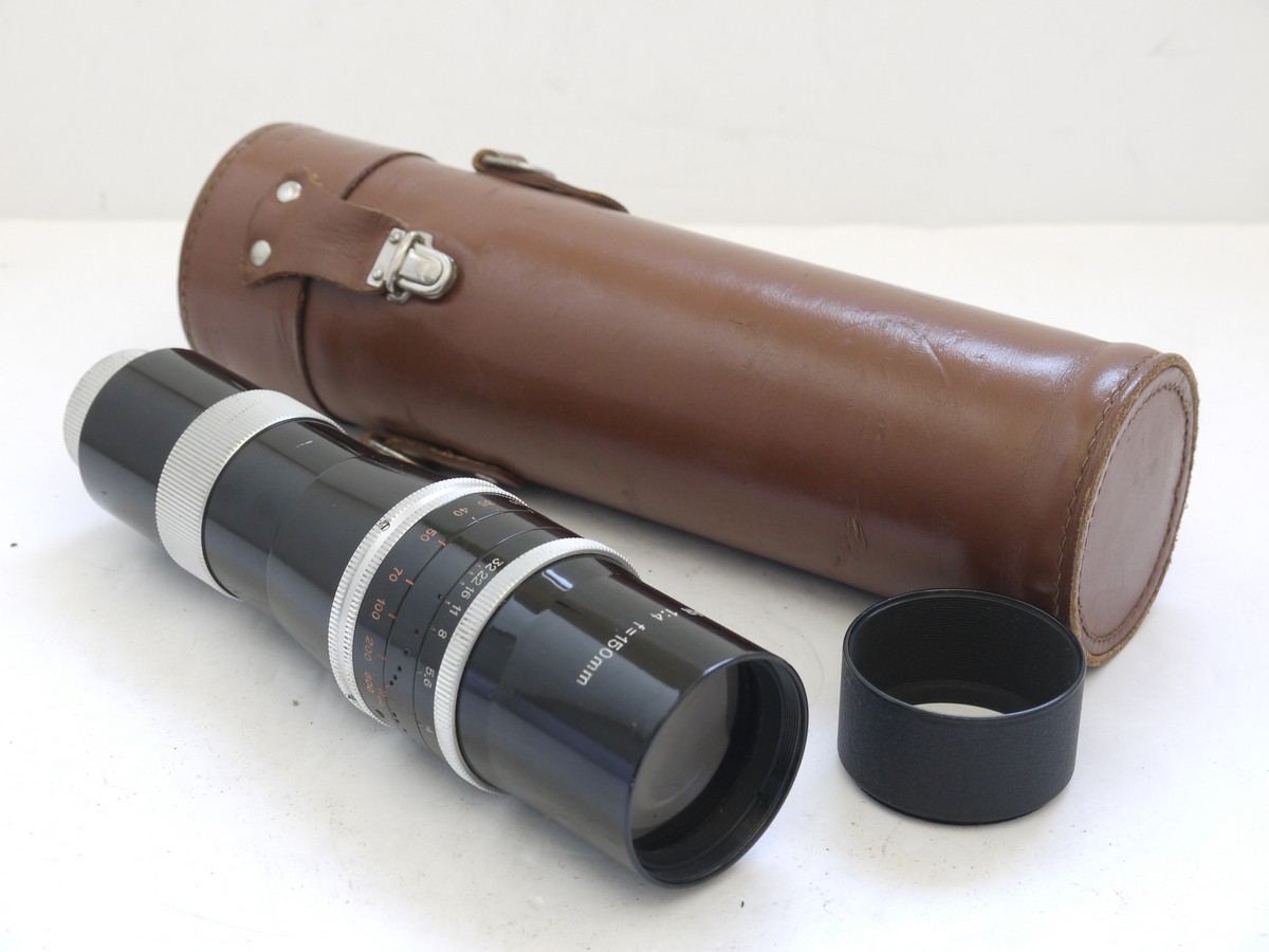 mwclassiccameras-20210716-203 Kern 150mm f4 Yvar lens in 16mm Cine "C" screw mount + makers lens hood, caps & leather case