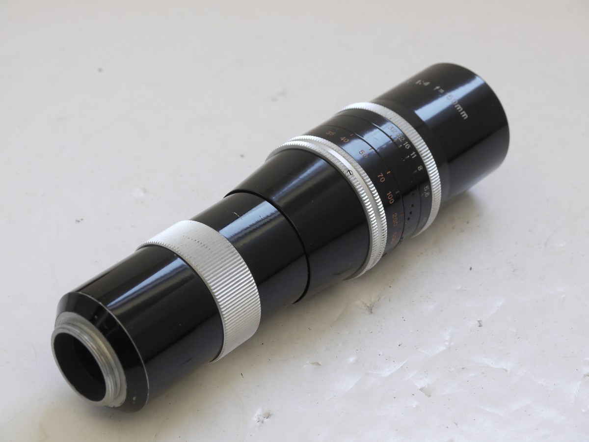 mwclassiccameras-20210716-204 Kern 150mm f4 Yvar lens in 16mm Cine "C" screw mount + makers lens hood, caps & leather case