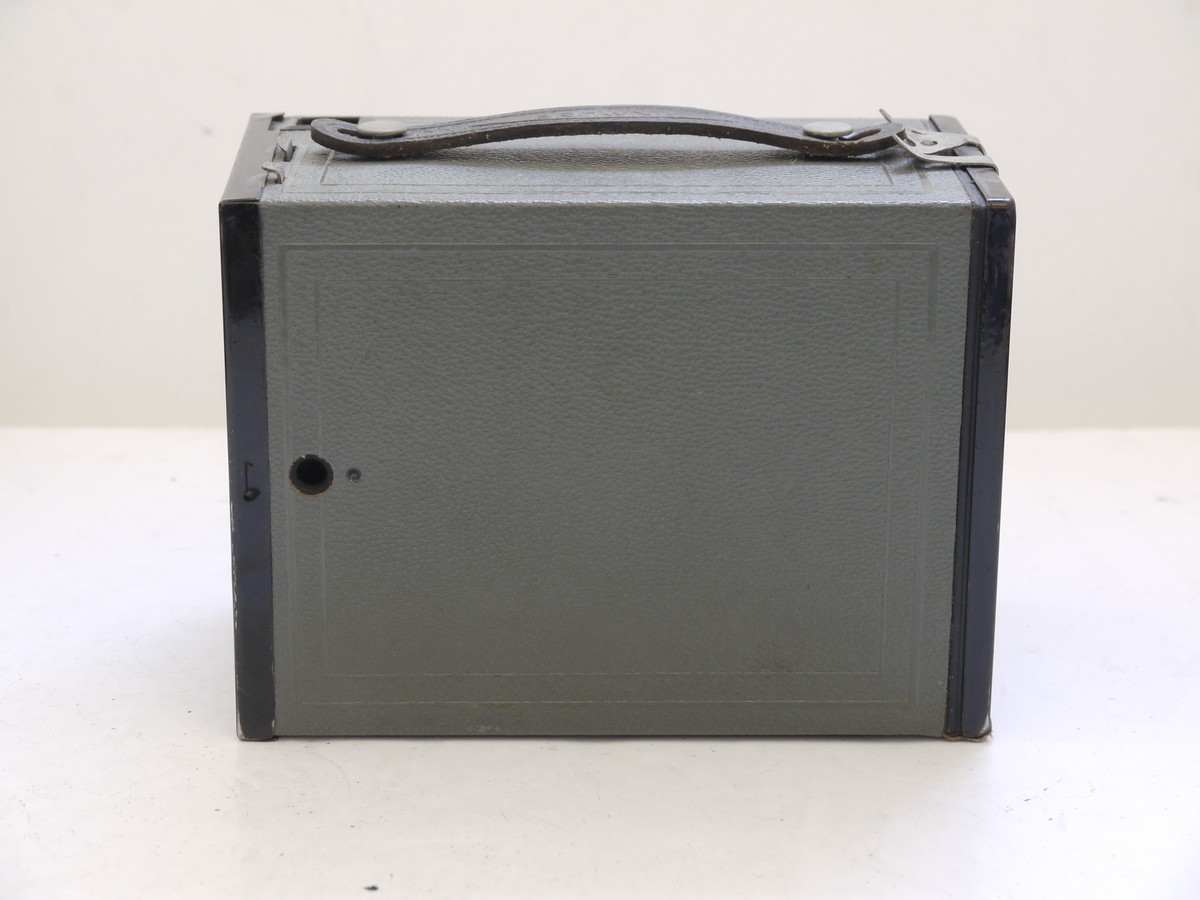 mwclassiccameras-20210716-262 Kodak No.2 Brownie. Model F GREY coloured Box camera with black metal parts 1901-33. With black Handle