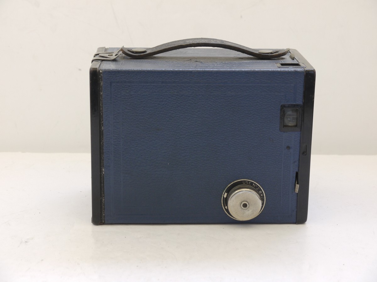 mwclassiccameras-20210716-305 Kodak No.2 Brownie. Model F BLUE coloured Box camera with black metal parts 1901-33. With black handle