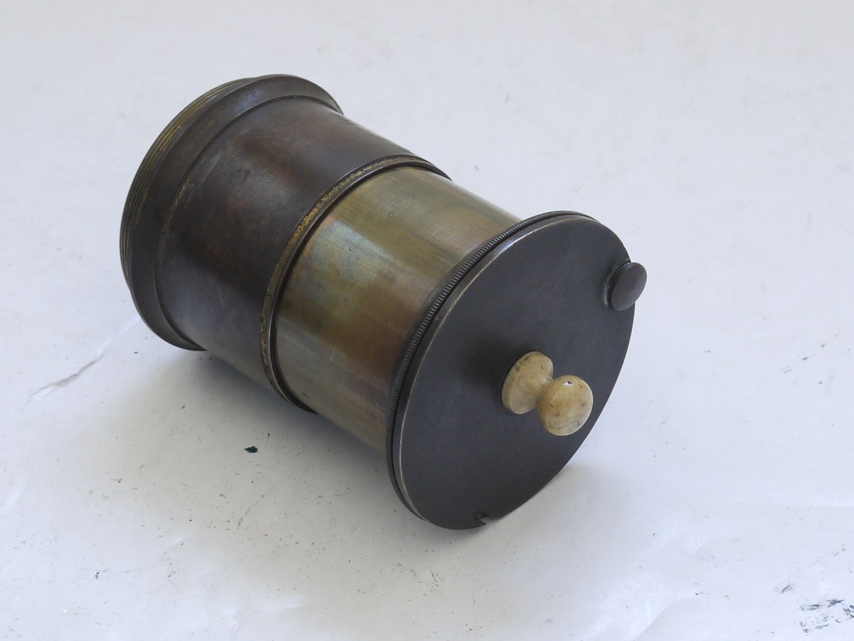 mwclassiccameras-20210716-379 Unamed 3 inch (Estimated) brass Magic lantern lens with swing cap. Rack & Pinionf focusing but handle missing