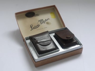 Leitz Leica Meter Presentation box with brown leather meter case, Booster cell & cell leather case