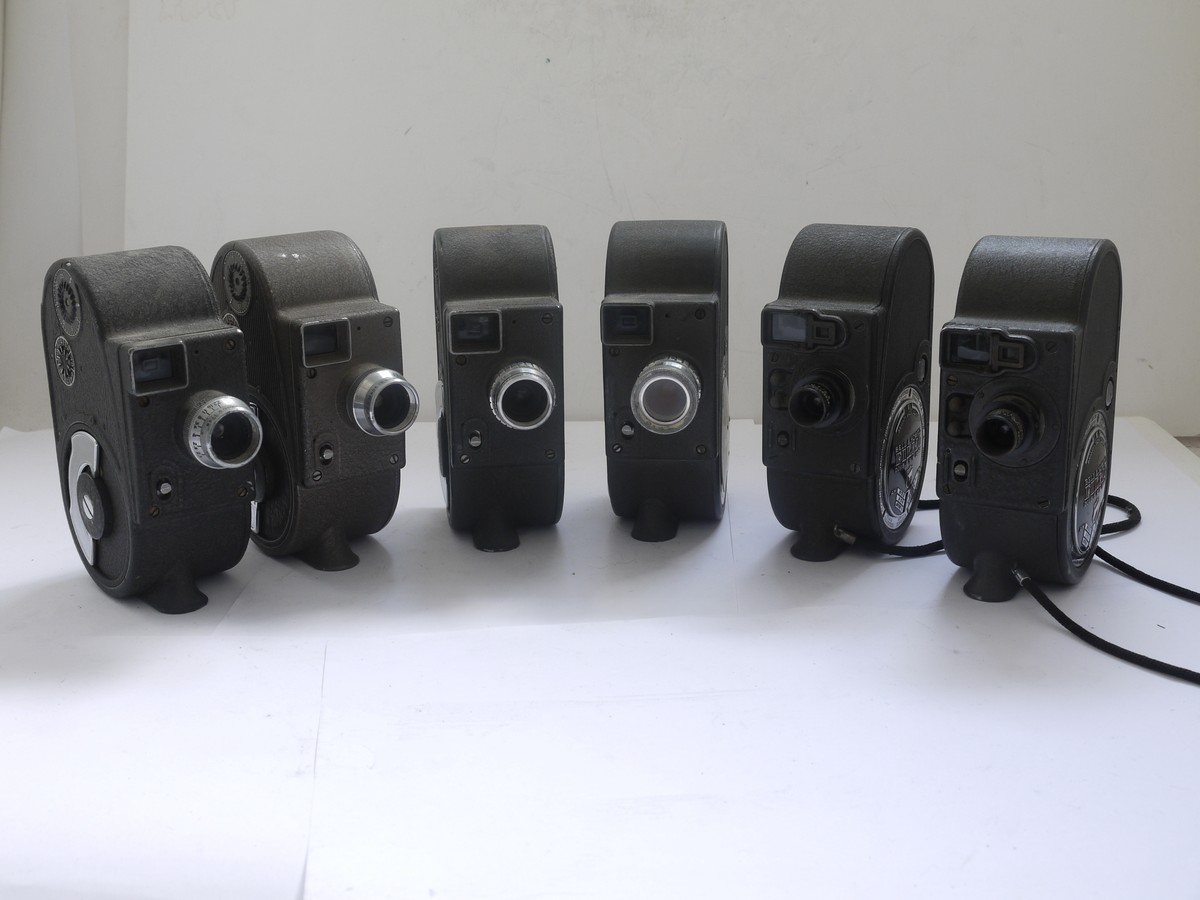 mwclassiccameras-20210903-194 Collection of Six Bell & Howell Standard 8 Cine cameras. 4 x B&H Type 134 cine cameras, all dark grey, all with f2.5 Comat D Screw mount interchangeable lenses + Sportster & Sportster Type 134-F cine cameras, both dark grey coloured/patterned, with Taylor Hobson f2.5 Mytal D screw mont interchangeable lenses
