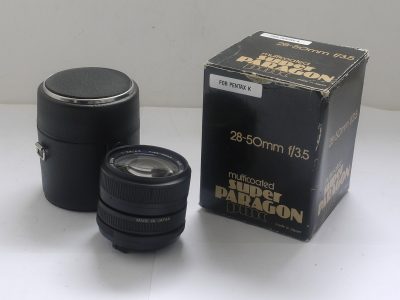 Super Paragon 28-50mm f3.5-4.5 PMC Pentax-KM mount lens + makers case, strap & box