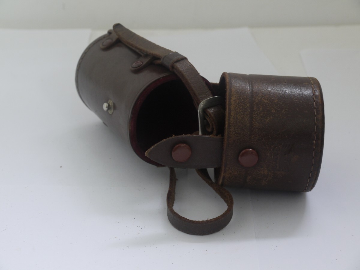 mwclassiccameras-20211008-169 Canon brown leather Rangefinder lens case with strap, with inside lid place for accessory shoe. For telephoto lens