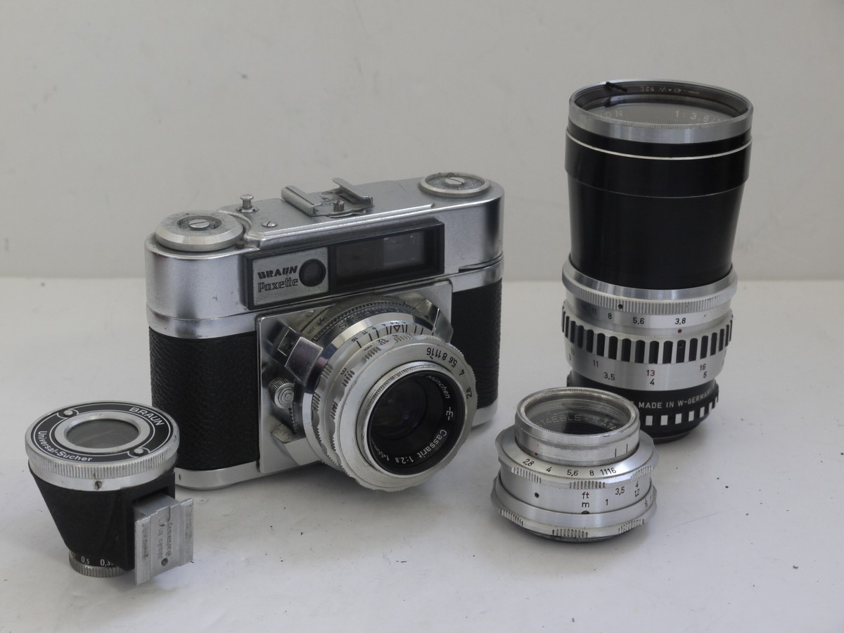 mwclassiccameras-20211112-75 Braun Paxette 35mm coupled rangefinder camera with three built-in frame finders + Steinheil 50mm f2.8 Cassarit E, Staeble 45mm f2.8 Kata & Staeble 135mm f3.8 Telenon L39 screw mount lenses, Braun Universal shoe finder, Various size/types filters & makers outfit case