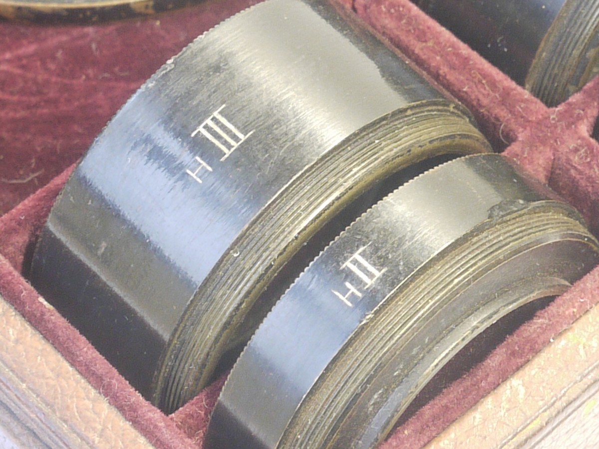 mwclassiccameras-20211224-73 Busch's Unicum-Aplanatsatz set of Five lenses, inscribed Rathenow II & III, and HII, HIII, with one smaller unmarked lens. All in makers presentation box