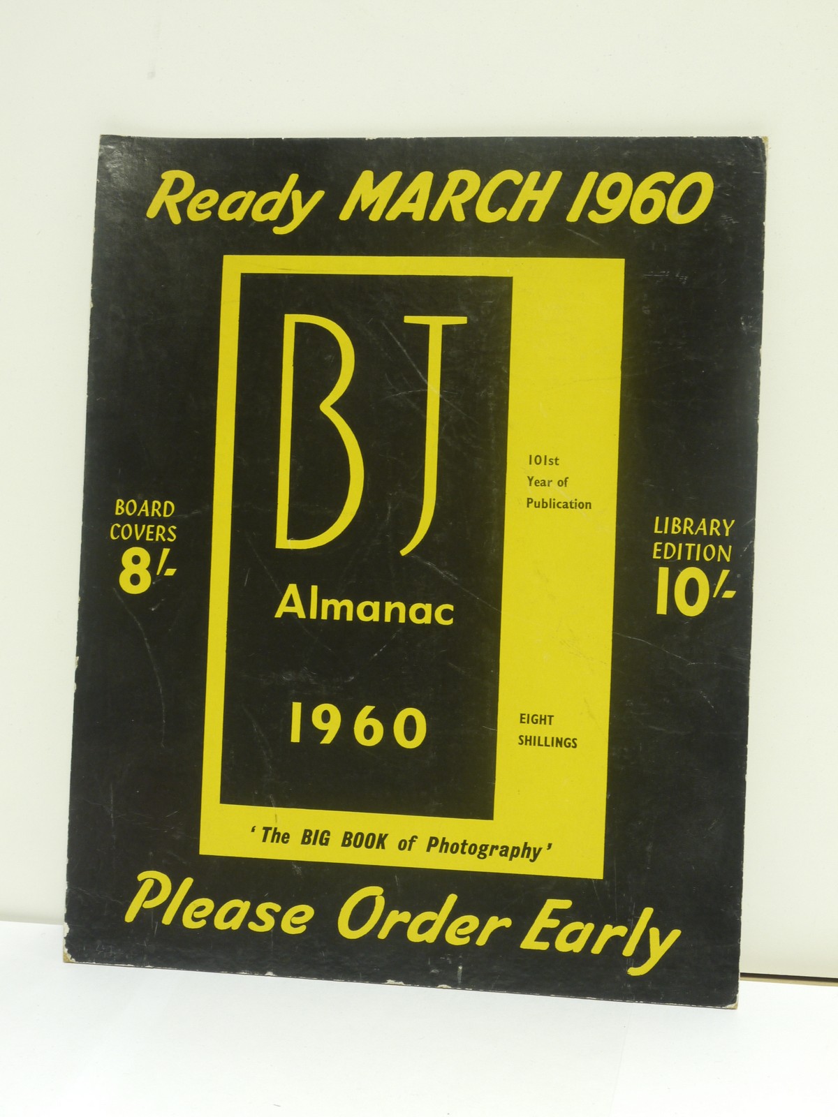 mwclassiccameras-20211231-113 B J Almanac 1960 Table Top Square card advertising display stand with rear stabiliser (19x25cm)