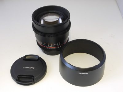 Samyang 85mm f1.5 AS IF UMC II VDSLR Cinematic manual focus lens in Canon EF mount + makers bayonet lens hood, caps, instructions & box with full packaging