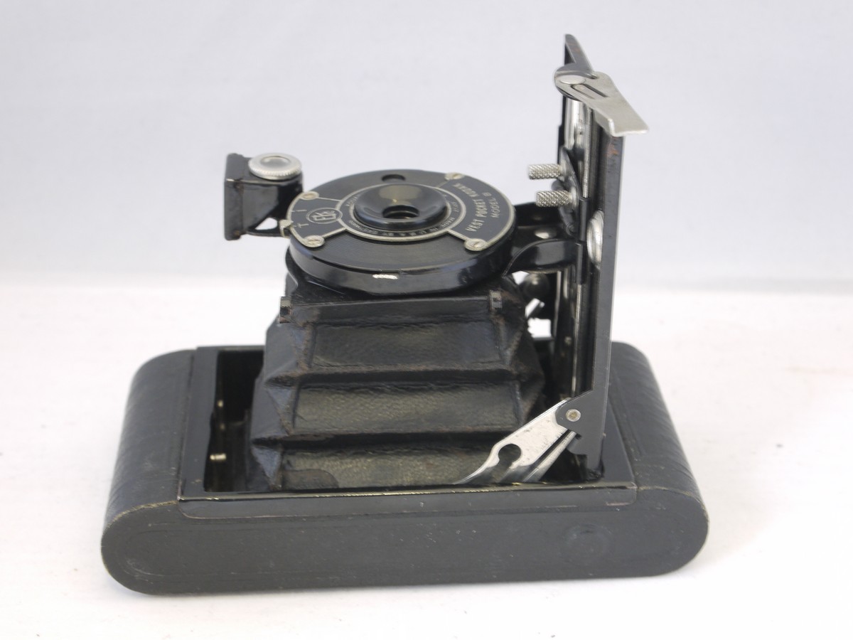 mwclassiccameras-20220325-121 Kodak Vest Pocket Autographic Model B 127 folding camera, all black, with original instructions & leather carry case. NO Pen fitted