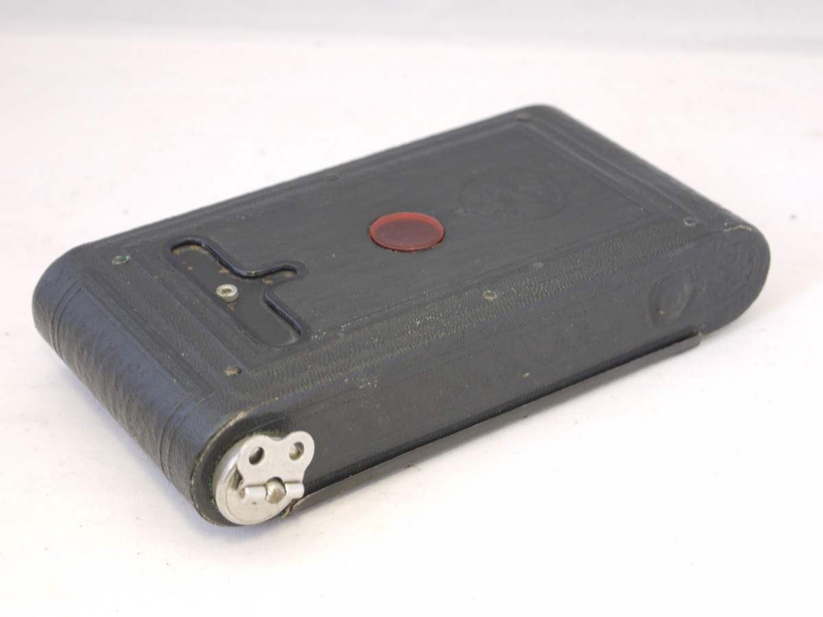 mwclassiccameras-20220325-124 Kodak Vest Pocket Autographic Model B 127 folding camera, all black, with original instructions & leather carry case. NO Pen fitted