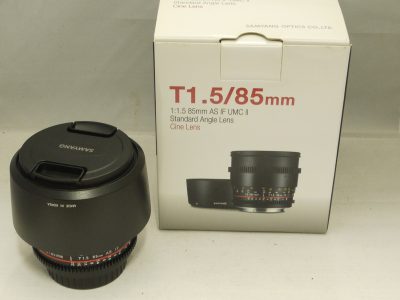 Samyang 85mm f1.5 AS IF UMC II VDSLR Cinematic manual focus lens in Canon EF mount + makers bayonet lens hood, caps, instructions & box with full packaging
