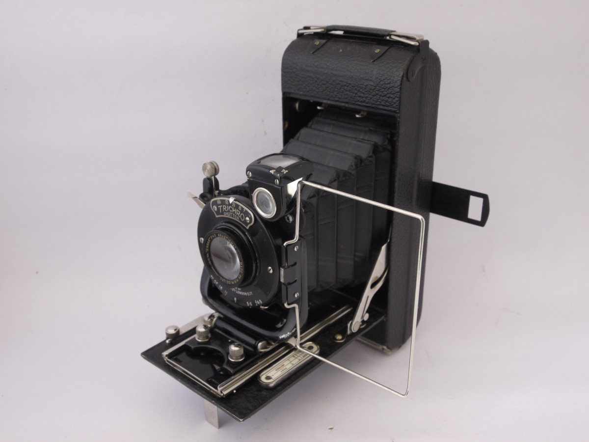 mwclassiccameras-20220422-236 Houghton Butcher No.7 Ensign Carbine 6x9 folding camera with rising front movement with 100mm f4.5 Ensar Anastigmat lens in Trichro shutter + Canvas case