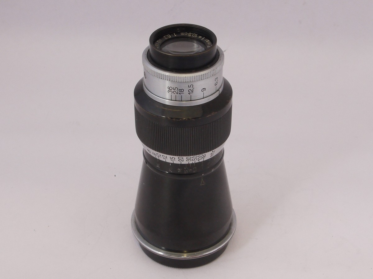 mwclassiccameras-20220422-7 Leitz 10.5cm f6.3 "Mountain" Elmar-L39 black & chrome (No.162844) c1933 + makers metal rear cap & plastic front cap
