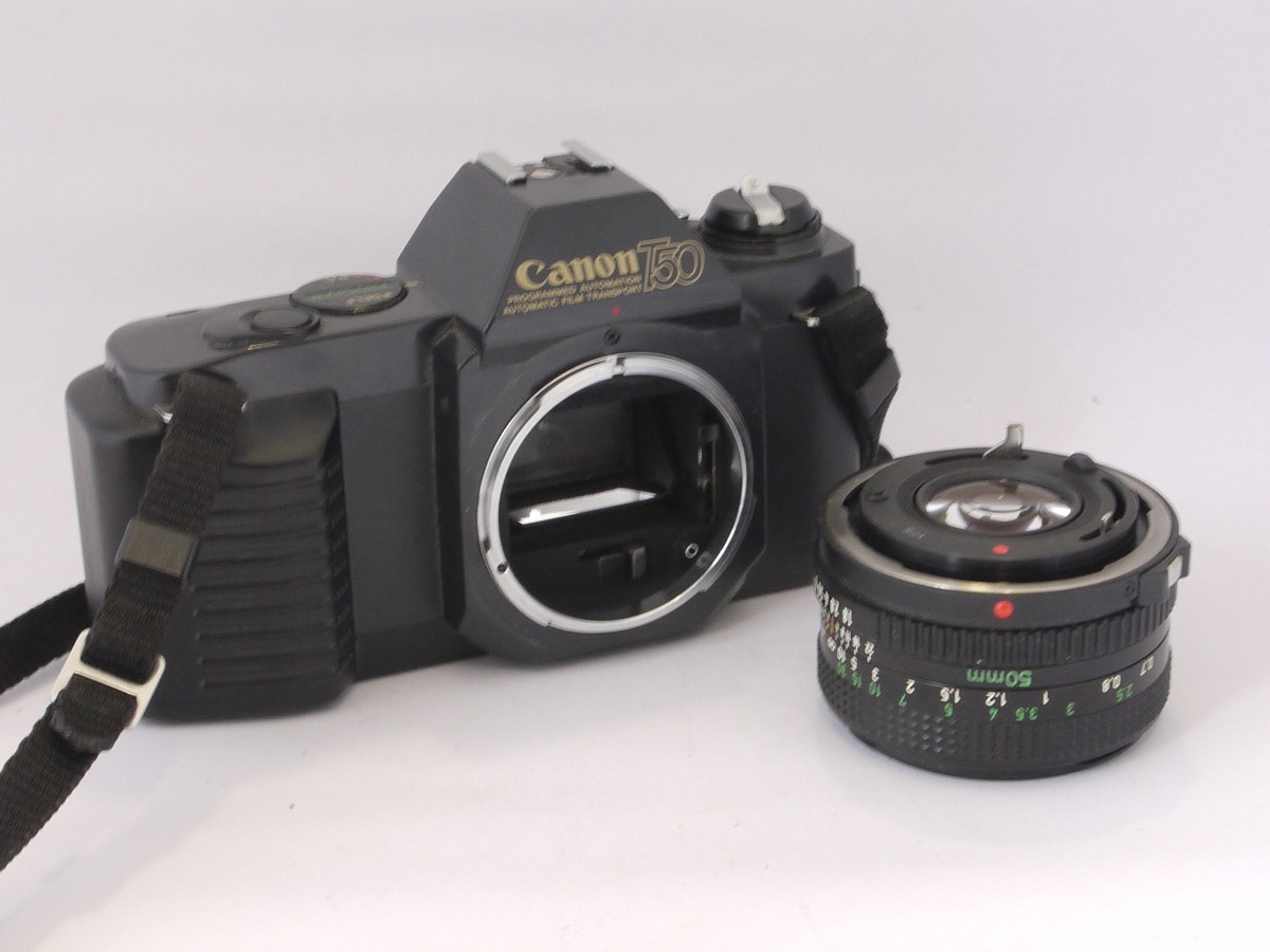 mwclassiccameras-20220429-138 Canon T50 35mm SLR, Programmed Exposure mode + Canon 50mm f1.8 FD lens & Neck Strap
