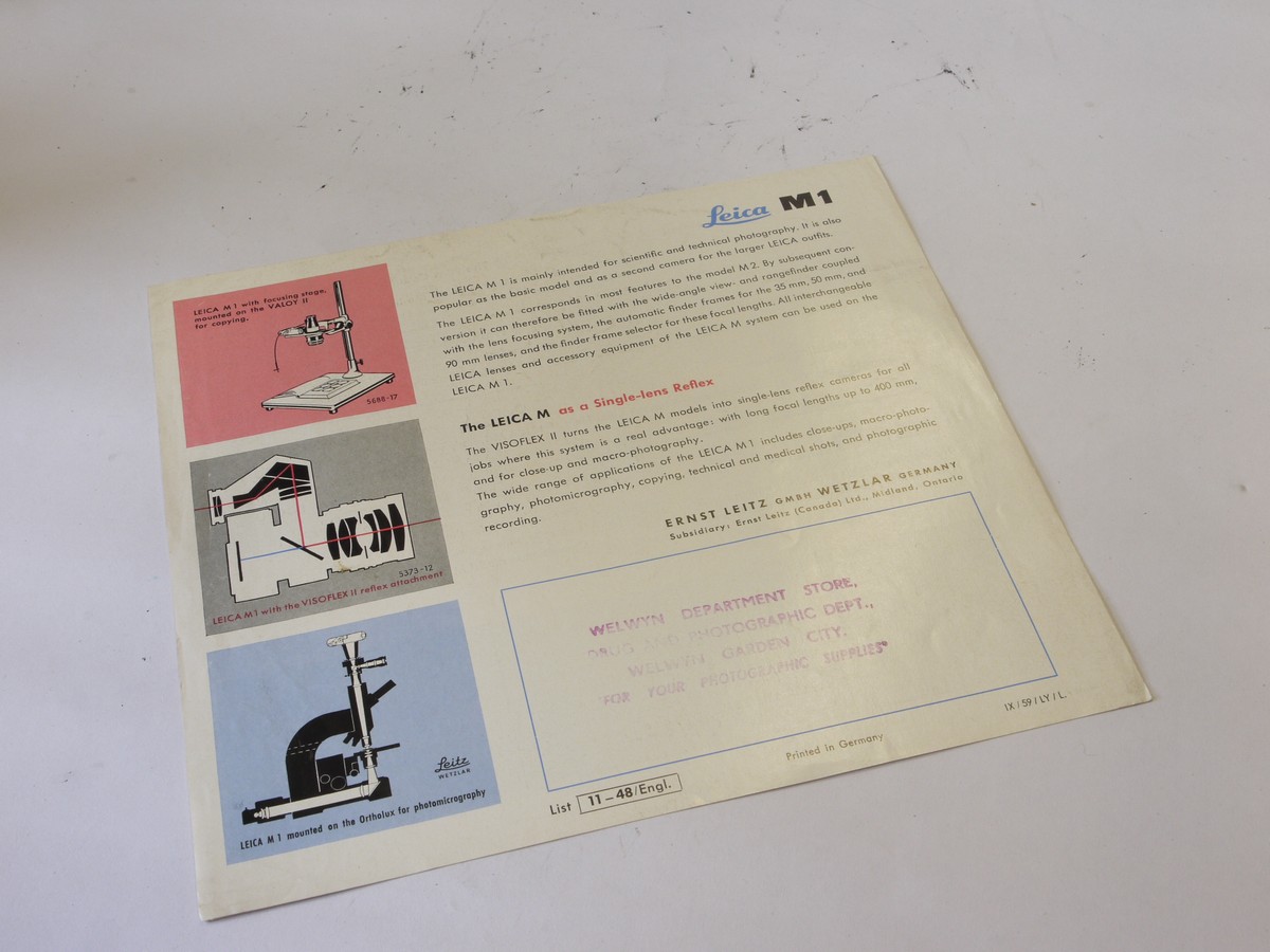 mwclassiccameras-20220603-341 Leitz "Leica M1 for Scientific and technical photography" 4 page leaflet in English c1959