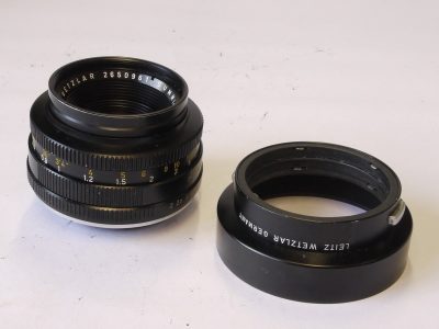 Leitz 50mm f2 Summicron-R 2-cam (No.2650961) + makers clip-on ens hood (12564)