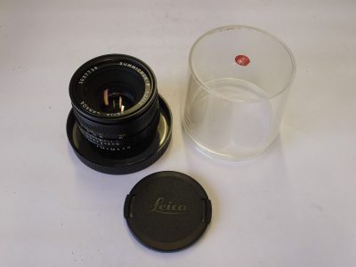 Leitz Canada 50mm f2 Summicron-R 3rd Cam lens with built-in lens hood  makers front cap & keeper case