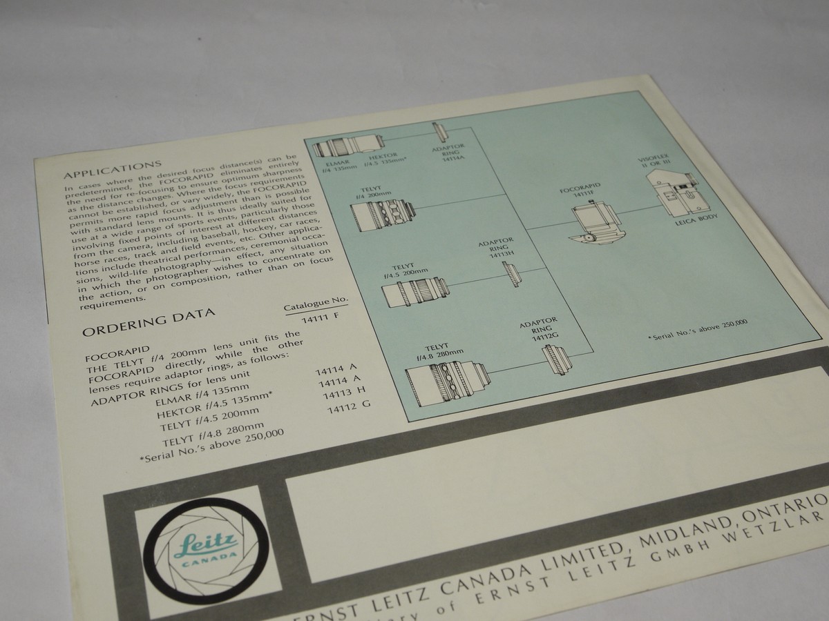 mwclassiccameras-20220722-80 Leitz "123 Snap Action into Focus with the Leitz Focorapid Ra[pid Focusing Mount" 4 page leaflet in English