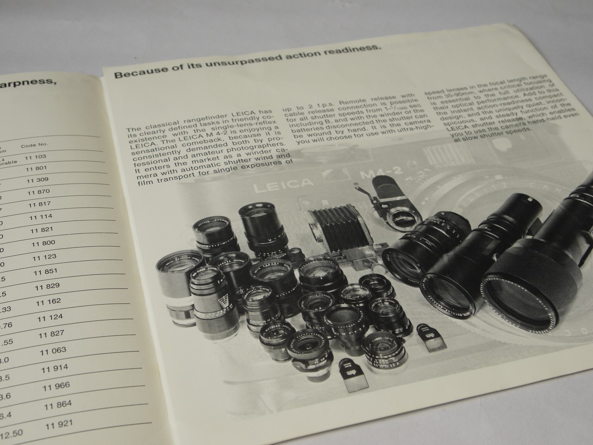 mwclassiccameras-20220722-97 Leitz "Measuring Viewfinder LEICA M4-2 - The Camera for Ultra Fast Lenses" c1976. 6-page pull-out leaflet