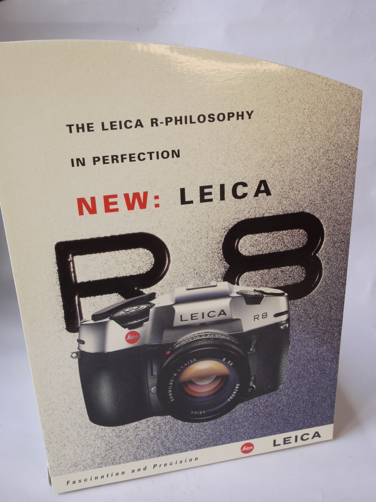 mwclassiccameras-20220805-201 Leica "New: LEICA R8" card table top display stand with built-in rear stand (293x210x10mm) With 2 x Stickers, instructions & Box packaging