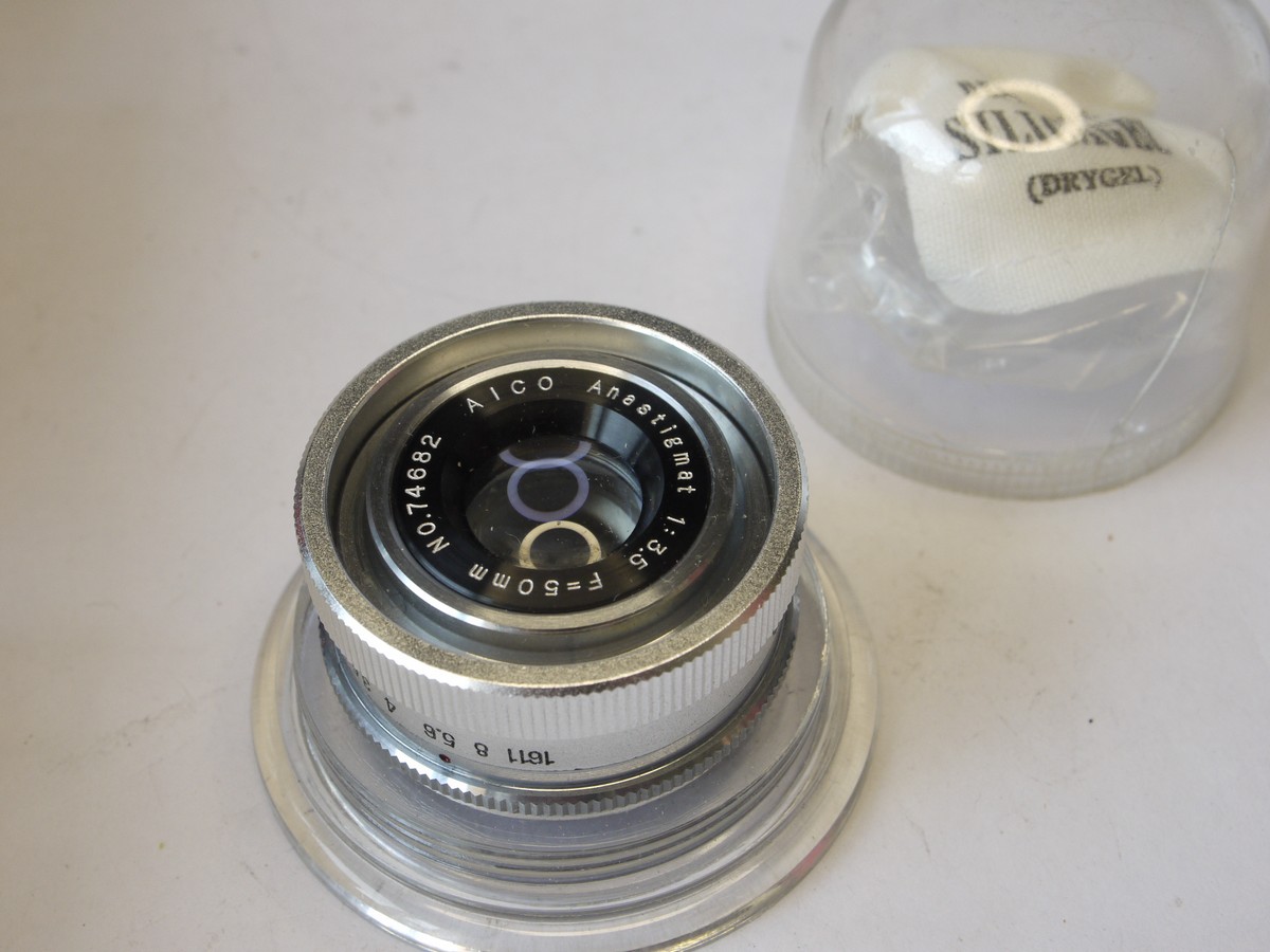 mwclassiccameras-20220812-402 Aico 50mm f3.5 chrome enlarging lens, L39 screw mount + makers keeper case & Box