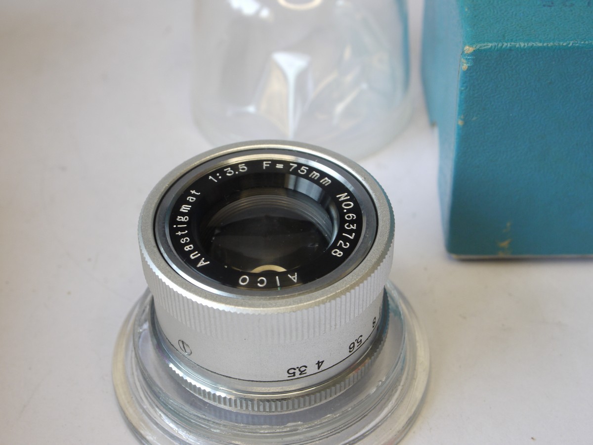 mwclassiccameras-20220812-406 Aico 75mm f3.5 chrome enlarging lens, L39 screw mount + makers keeper case