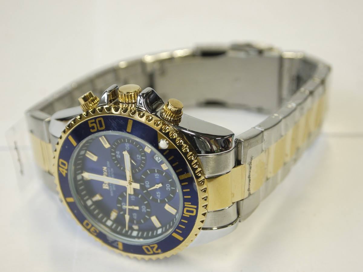 mwclassiccameras-20221014-269 Biden Sportswatch Gents mechanical Wrist watch, Waterproof, with blue face & gold coloured surround & stainless steel wrist strap