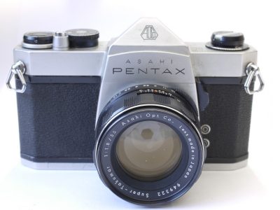 Pentax SP1000 35mm SLR, chrome + 55mm f1.8 Super Takumar M42 lens, front cap, Original Instructions, Original Sales receipt & makers Box with full packaging