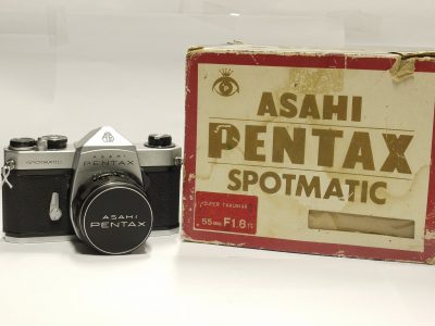 Pentax SP 35mm SLR, chrome + 55mm f1.8 Super Takumar M42 lens, Pentax front cap & makers Box with full packaging