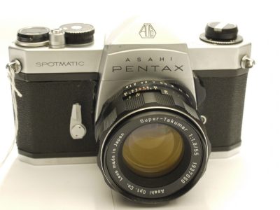 Pentax SP 35mm SLR, chrome + 55mm f1.8 Super Takumar M42 lens, Pentax front cap & makers Box with full packaging