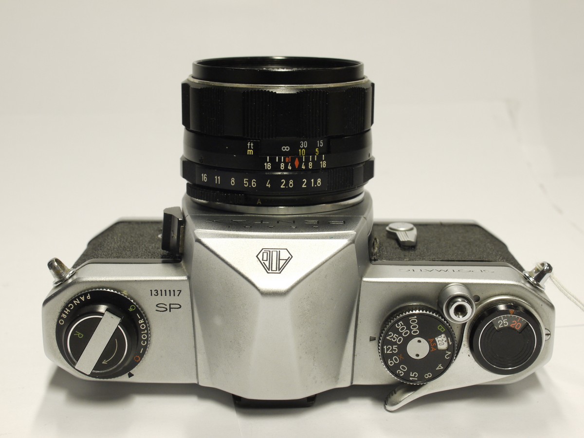 mwclassiccameras-20230120-868 Pentax SP 35mm SLR, chrome + 55mm f1.8 Super Takumar M42 lens, Pentax front cap & makers Box with full packaging