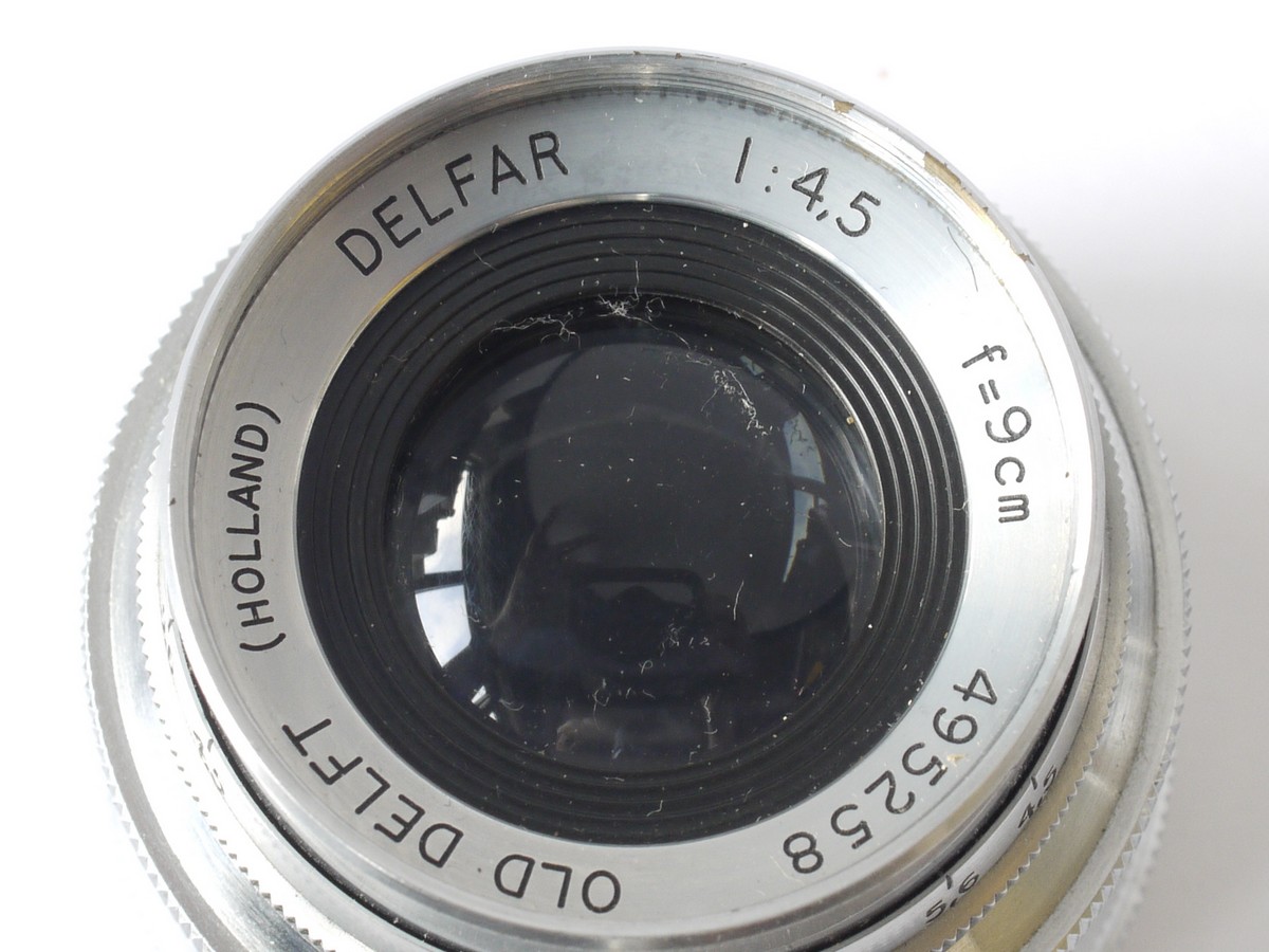 mwclassiccameras-20230203-36 Old Delft (Holland) 9cm f4.5 Delfar coated all chrome portrait lens in manual Exakta mount + Old Delft Tan leather case. RARE LENS